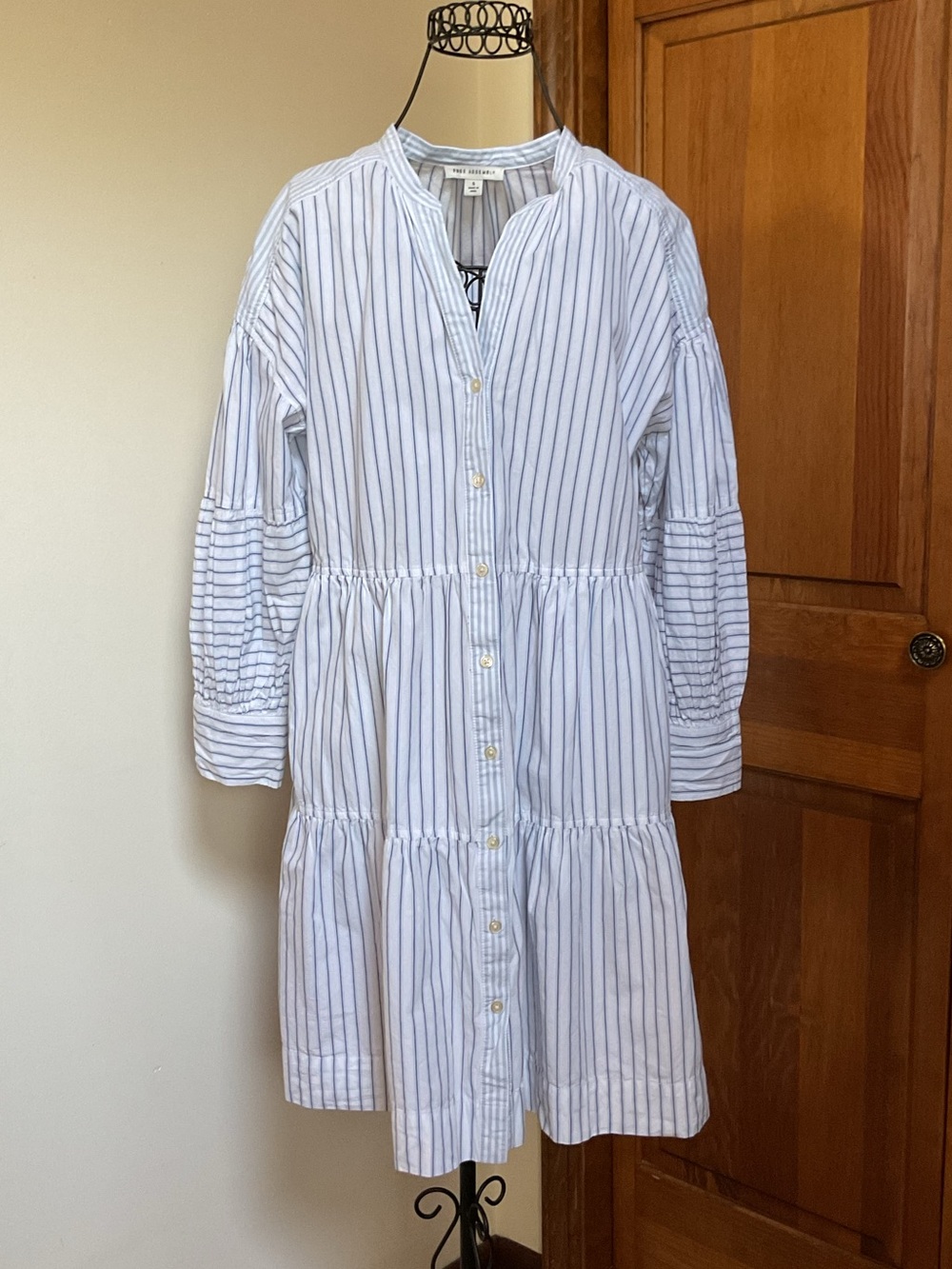 Free Assembly Striped Button-Front Tiered Shirt Dress in Light Blue and White - Picture 1 of 6